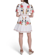 Eliza J Floral Embroidered Short Puff Sleeve Split V-Neck Belted Mini Dress