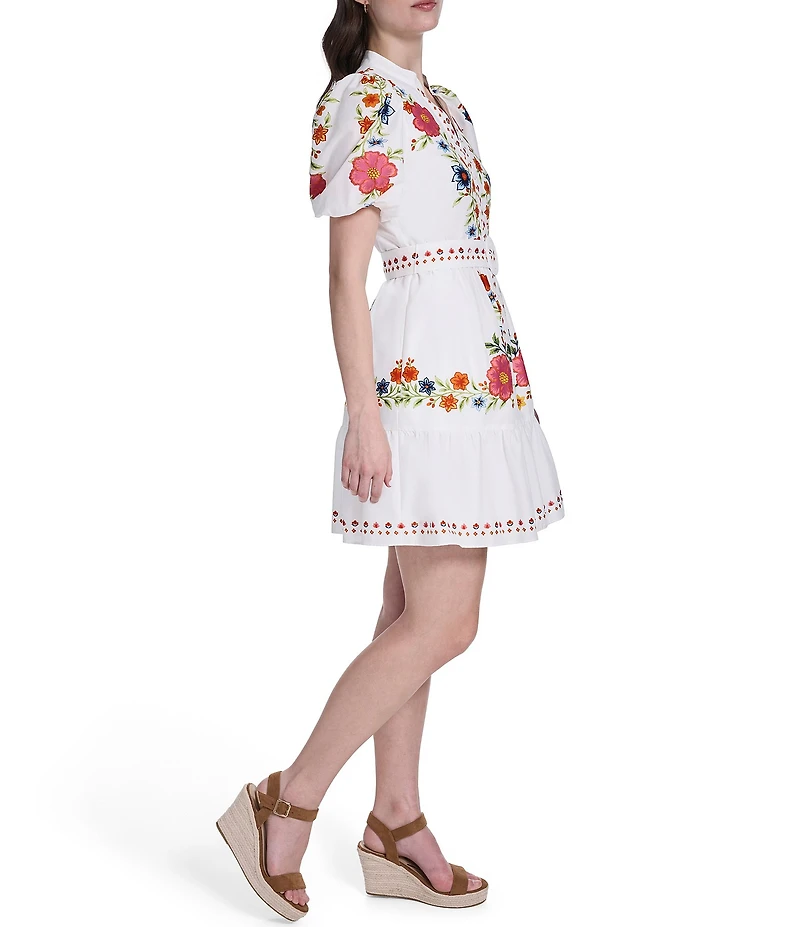 Eliza J Floral Embroidered Short Puff Sleeve Split V-Neck Belted Mini Dress