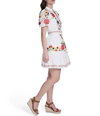 Eliza J Floral Embroidered Short Puff Sleeve Split V-Neck Belted Mini Dress