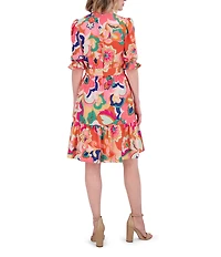 Eliza J Floral Print V Neck Short Puff Sleeve Waist Tie Belt A-Line Dress