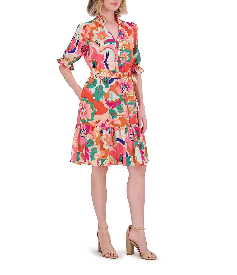 Eliza J Floral Print V Neck Short Puff Sleeve Waist Tie Belt A-Line Dress