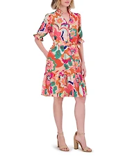 Eliza J Floral Print V Neck Short Puff Sleeve Waist Tie Belt A-Line Dress