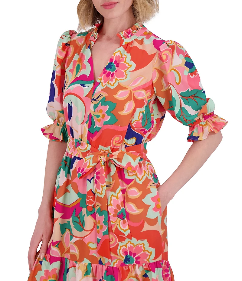 Eliza J Floral Print V Neck Short Puff Sleeve Waist Tie Belt A-Line Dress