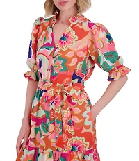 Eliza J Floral Print V Neck Short Puff Sleeve Waist Tie Belt A-Line Dress
