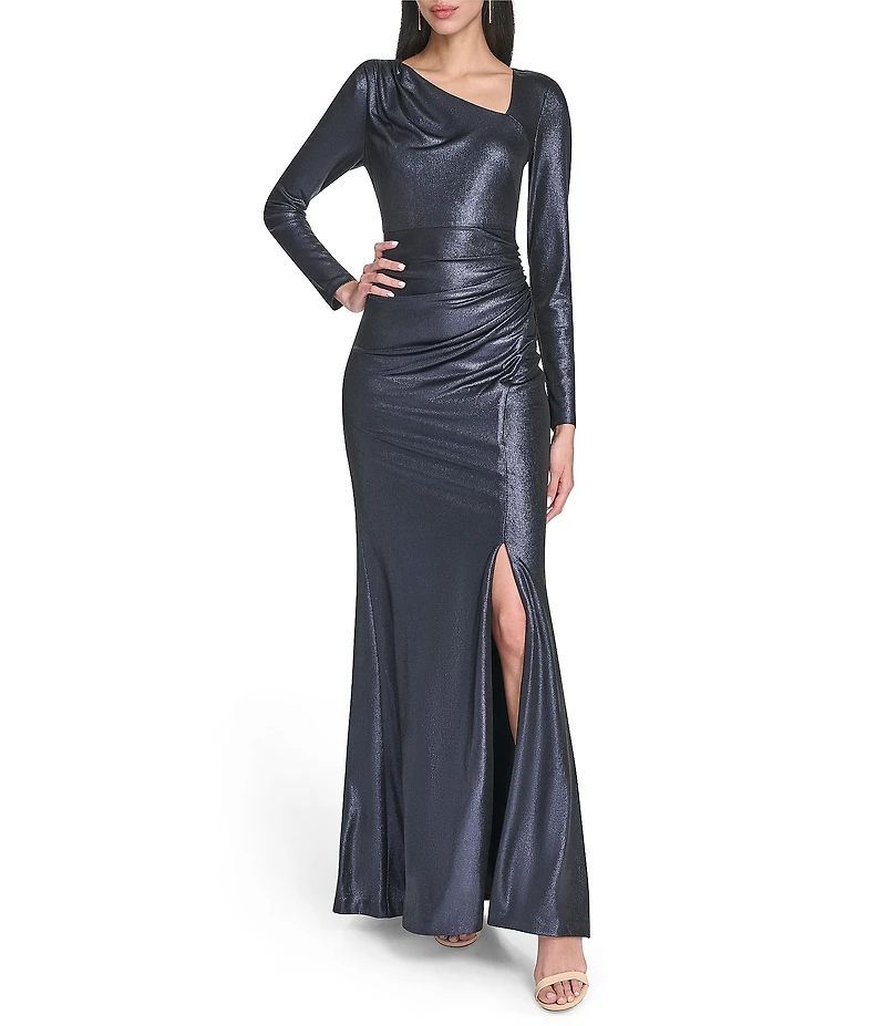 Eliza J Foil Knit Long Sleeve Asymmetrical Neckline Side Tuck & Slit Gown