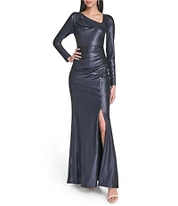 Eliza J Foil Knit Long Sleeve Asymmetrical Neckline Side Tuck & Slit Gown