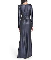 Eliza J Foil Knit Long Sleeve Asymmetrical Neckline Side Tuck & Slit Gown