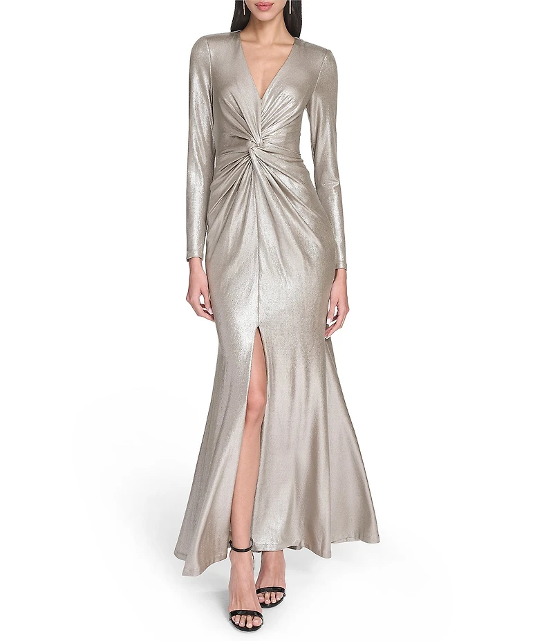 Eliza J Foil Knit Long Sleeve V-Neck Front Twist Sheath Dress