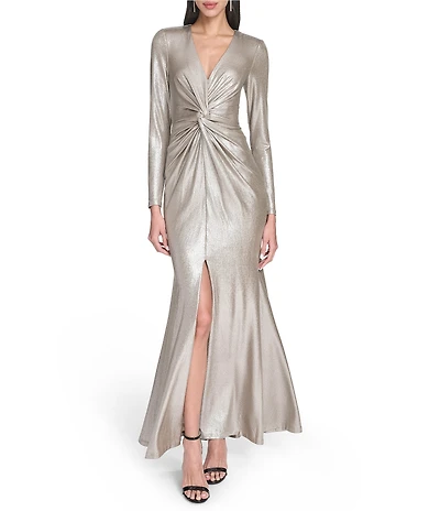 Eliza J Foil Knit Long Sleeve V-Neck Front Twist Sheath Dress