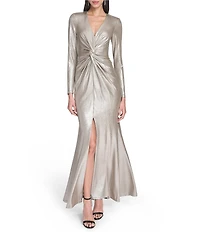 Eliza J Foil Knit Long Sleeve V-Neck Front Twist Sheath Dress