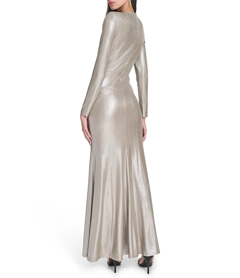 Eliza J Foil Knit Long Sleeve V-Neck Front Twist Sheath Dress