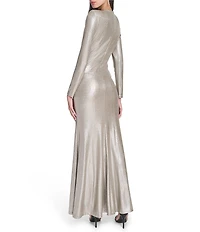 Eliza J Foil Knit Long Sleeve V-Neck Front Twist Sheath Dress