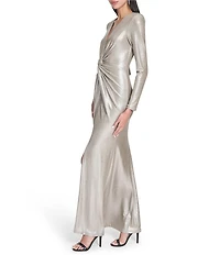 Eliza J Foil Knit Long Sleeve V-Neck Front Twist Sheath Dress