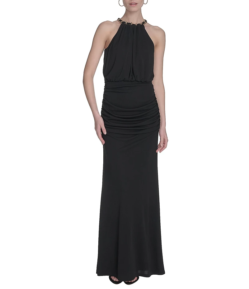 Eliza J Halter Chain Neck Cutaway Shoulder Ruched Jersey Blouson Maxi Dress