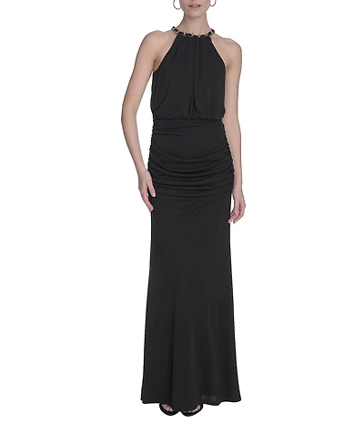 Eliza J Halter Chain Neck Cutaway Shoulder Ruched Jersey Blouson Maxi Dress