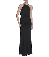 Eliza J Halter Chain Neck Cutaway Shoulder Ruched Jersey Blouson Maxi Dress