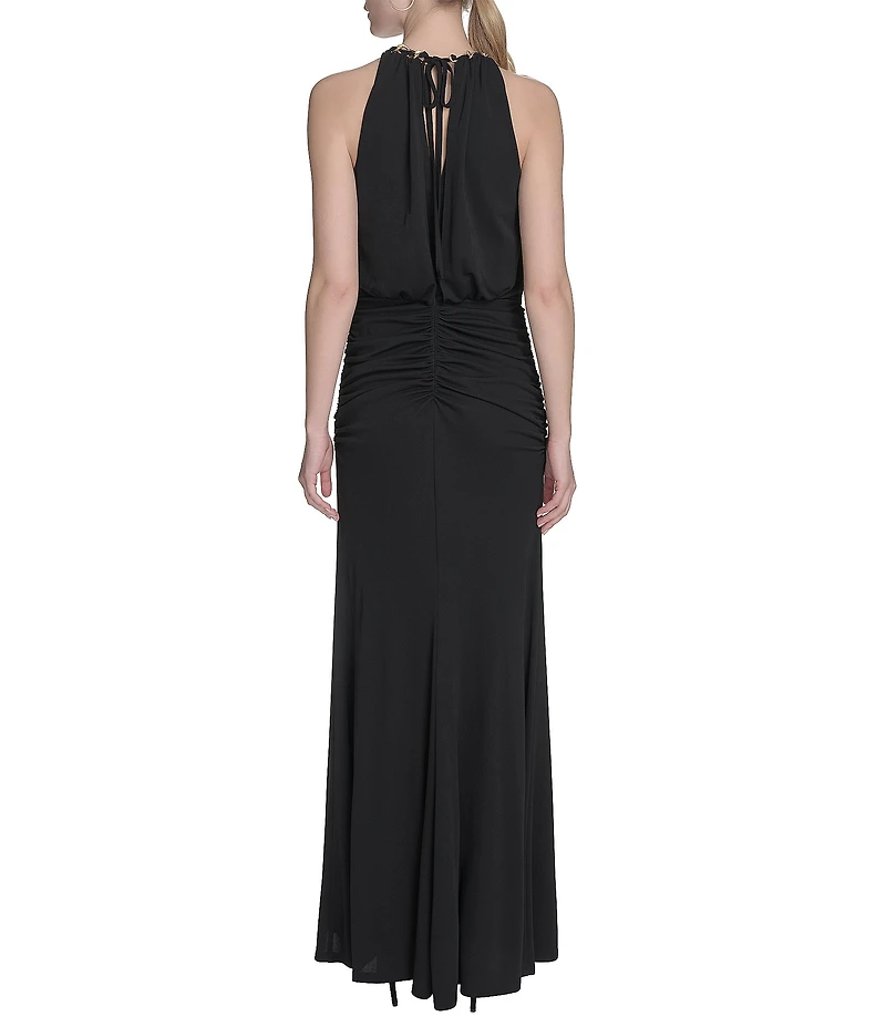 Eliza J Halter Chain Neck Cutaway Shoulder Ruched Jersey Blouson Maxi Dress