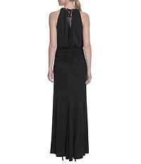 Eliza J Halter Chain Neck Cutaway Shoulder Ruched Jersey Blouson Maxi Dress