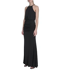 Eliza J Halter Chain Neck Cutaway Shoulder Ruched Jersey Blouson Maxi Dress