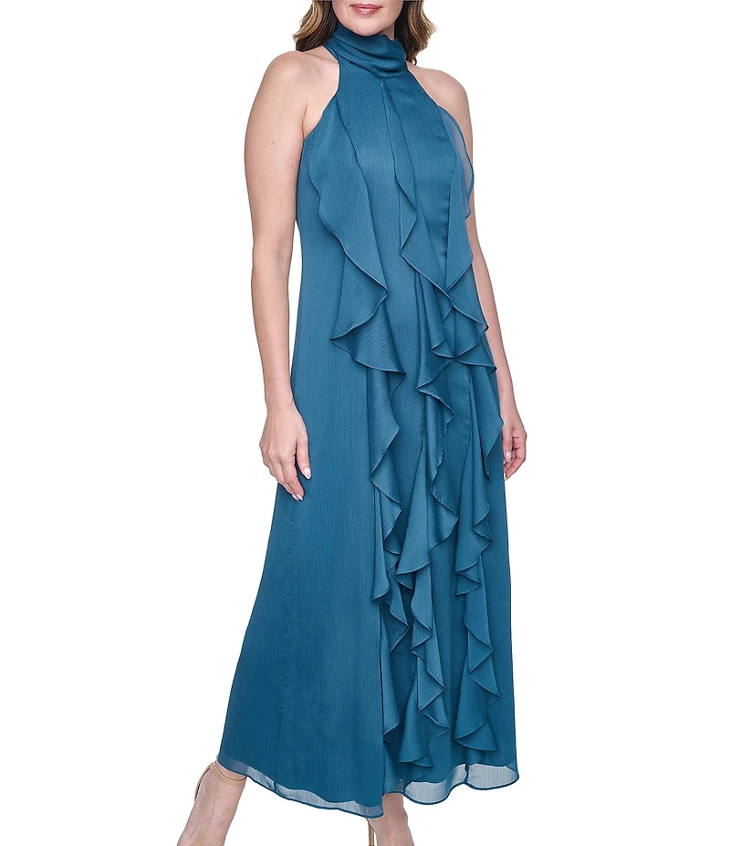 Eliza J Halter Chiffon Cascading Ruffle Maxi Dress