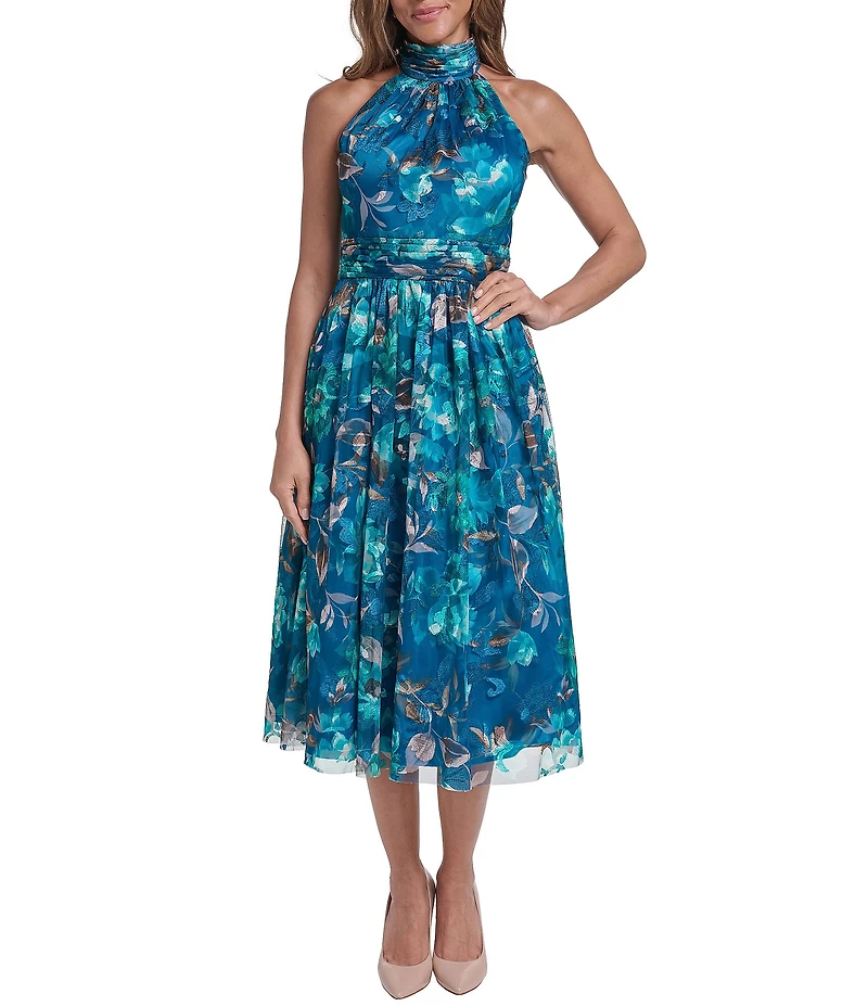 Eliza J Halter Fit & Flare Printed Mesh Dress