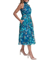 Eliza J Halter Fit & Flare Printed Mesh Dress