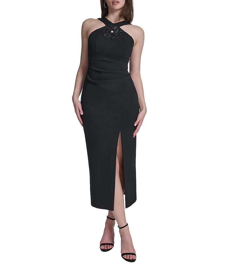 Eliza J Halter Midi Dress With Floral Applique