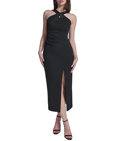 Eliza J Halter Midi Dress With Floral Applique