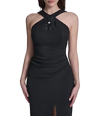 Eliza J Halter Midi Dress With Floral Applique