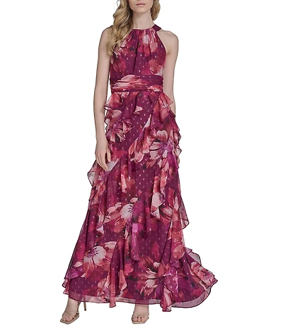 Eliza J Halter Neck Chiffon Floral Print Ruffled Maxi Dress