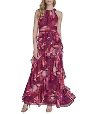 Eliza J Halter Neck Chiffon Floral Print Ruffled Maxi Dress