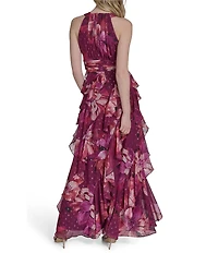 Eliza J Halter Neck Chiffon Floral Print Ruffled Maxi Dress