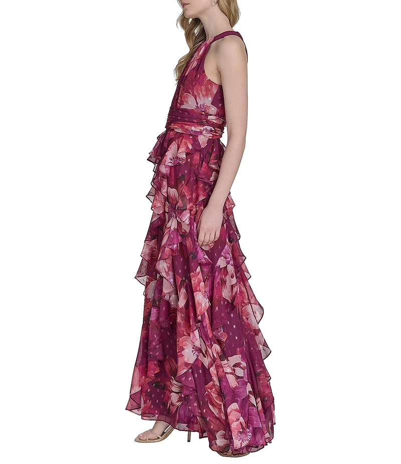 Eliza J Halter Neck Chiffon Floral Print Ruffled Maxi Dress