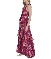 Eliza J Halter Neck Chiffon Floral Print Ruffled Maxi Dress