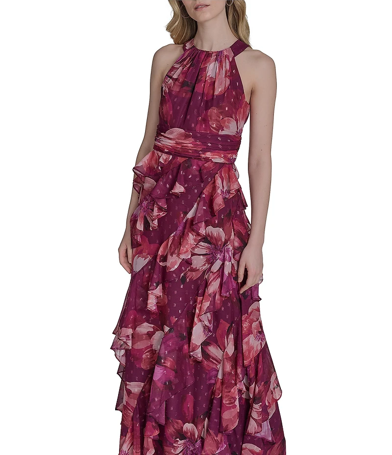 Eliza J Halter Neck Chiffon Floral Print Ruffled Maxi Dress