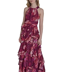 Eliza J Halter Neck Chiffon Floral Print Ruffled Maxi Dress