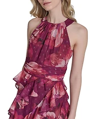 Eliza J Halter Neck Chiffon Floral Print Ruffled Maxi Dress