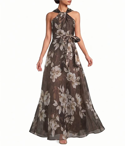Eliza J Halter Neck Floral Shimmer Organza Aline Gown
