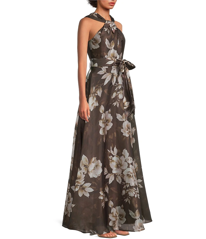 Eliza J Halter Neck Floral Shimmer Organza Aline Gown