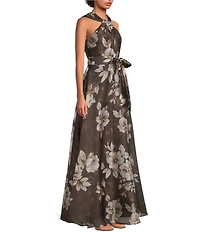 Eliza J Halter Neck Floral Shimmer Organza Aline Gown