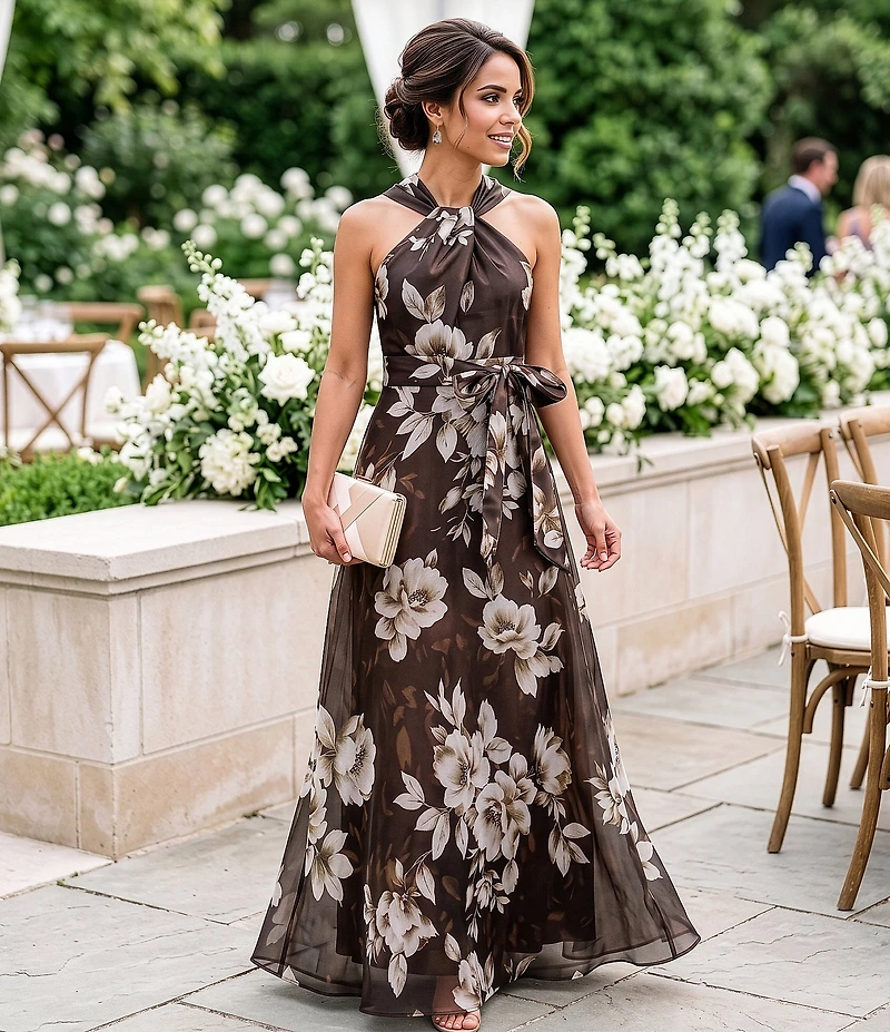 Eliza J Halter Neck Floral Shimmer Organza Aline Gown