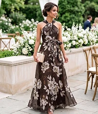 Eliza J Halter Neck Floral Shimmer Organza Aline Gown