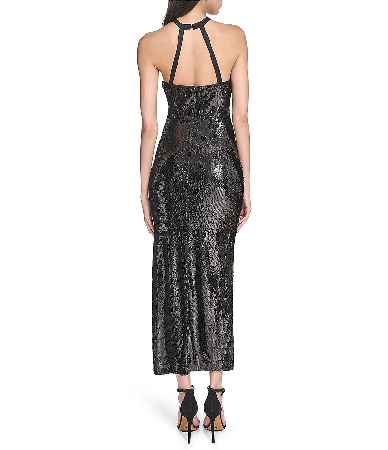 Eliza J Halter Rose Sequin Sleeveless Halter Neckline Sheath Midi Dress