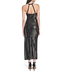 Eliza J Halter Rose Sequin Sleeveless Halter Neckline Sheath Midi Dress