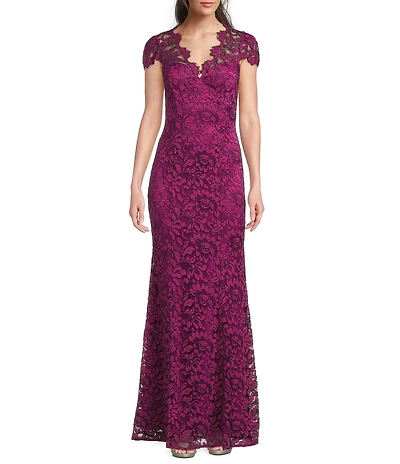 Eliza J Illusion Lace Neck Cap Sleeve V-Neck Mermaid Gown