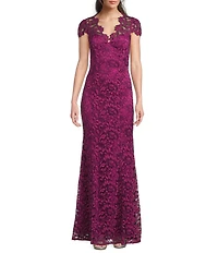 Eliza J Illusion Lace Neck Cap Sleeve V-Neck Mermaid Gown