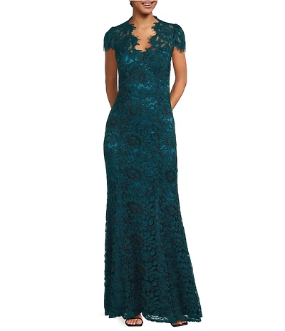 Eliza J Illusion Lace Neck Cap Sleeve V-Neck Mermaid Gown