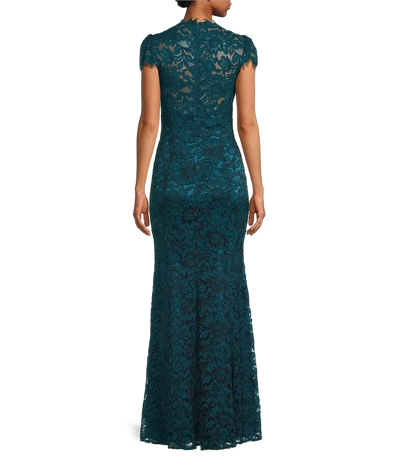 Eliza J Illusion Lace Neck Cap Sleeve V-Neck Mermaid Gown