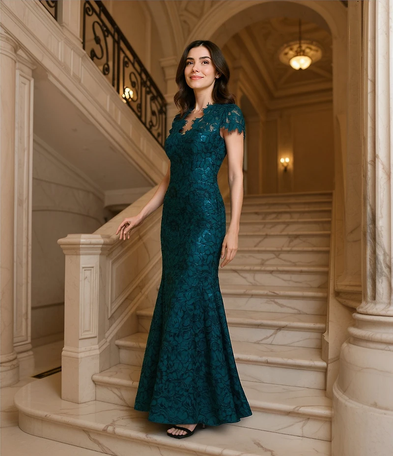 Eliza J Illusion Lace Neck Cap Sleeve V-Neck Mermaid Gown