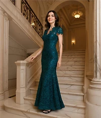 Eliza J Illusion Lace Neck Cap Sleeve V-Neck Mermaid Gown